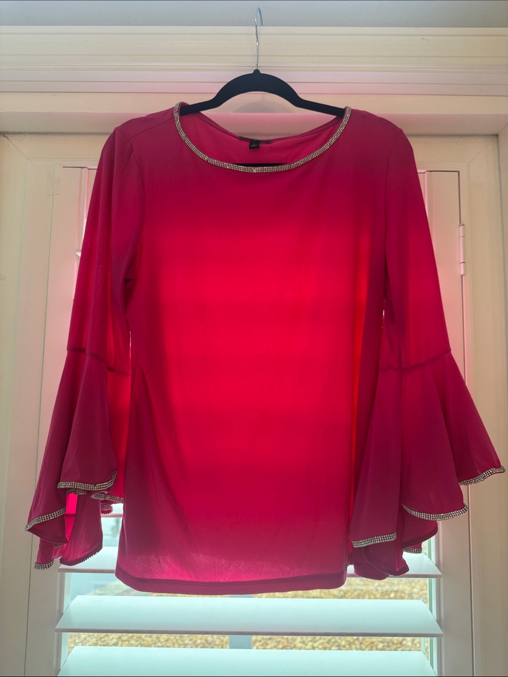 Prelude Women’s Pink Bell-Sleeve Blouse with Rhinestone Trim Large